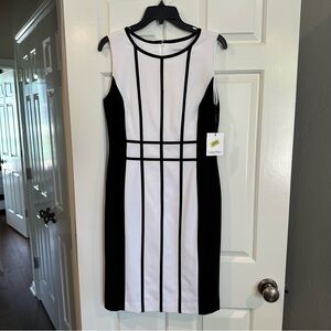 Calvin Klein Black and White Sleeveless Sheath Midi Dress